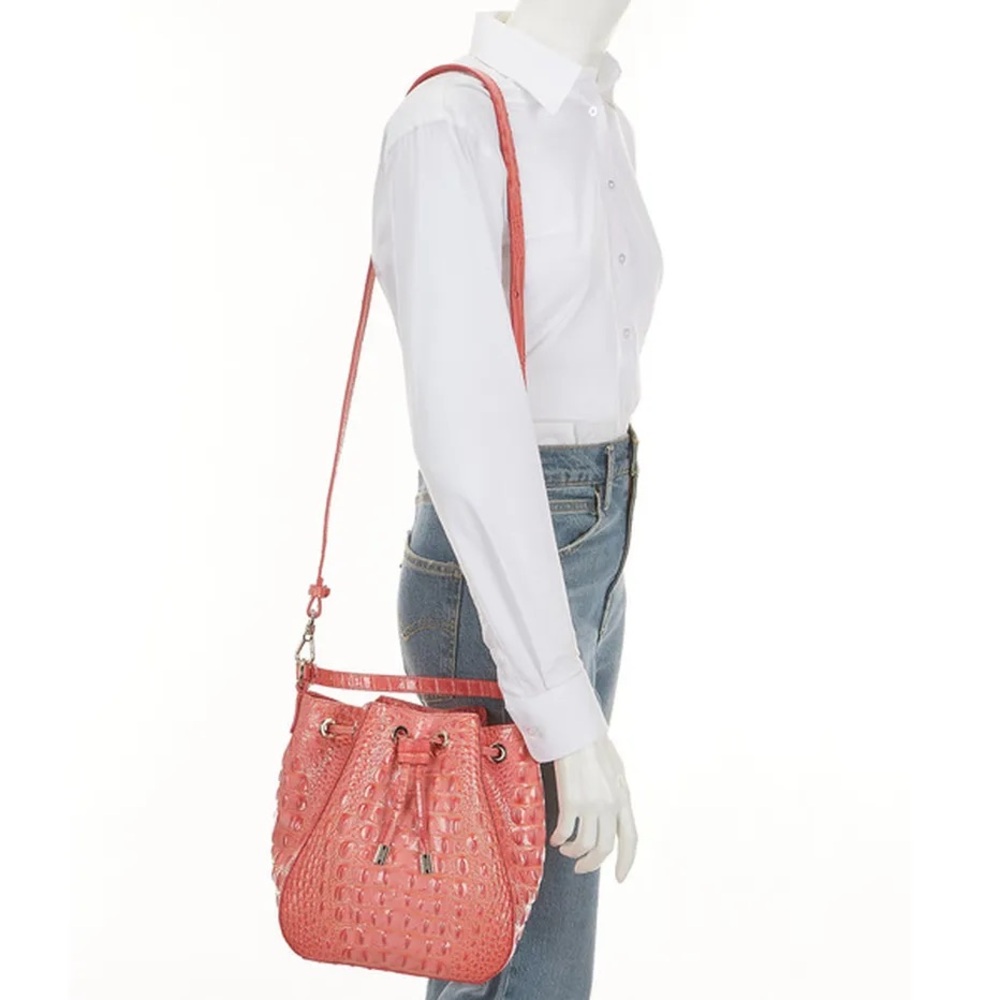Brahmin Pink Croc-Embossed Drawstring Shoulder Bag - Picture 2 of 7